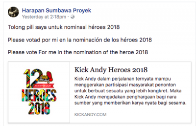 The NGO Harapan Project needs your help  Carlos Ferrándiz nominated to ¨Hero of Indonesia 2018¨.