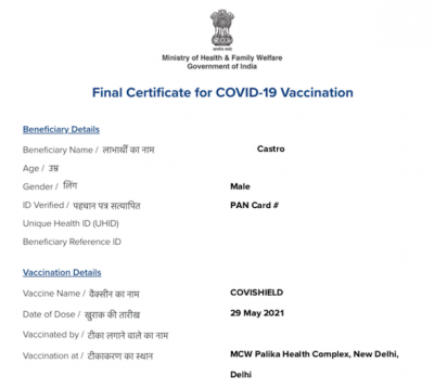 Recibida la segunda dosis de la vacuna Covishield contra la Covid-19  Sábado 29 de mayo de 2021