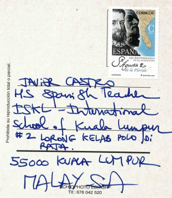 Postal desde España a Malasia Sin matasellos